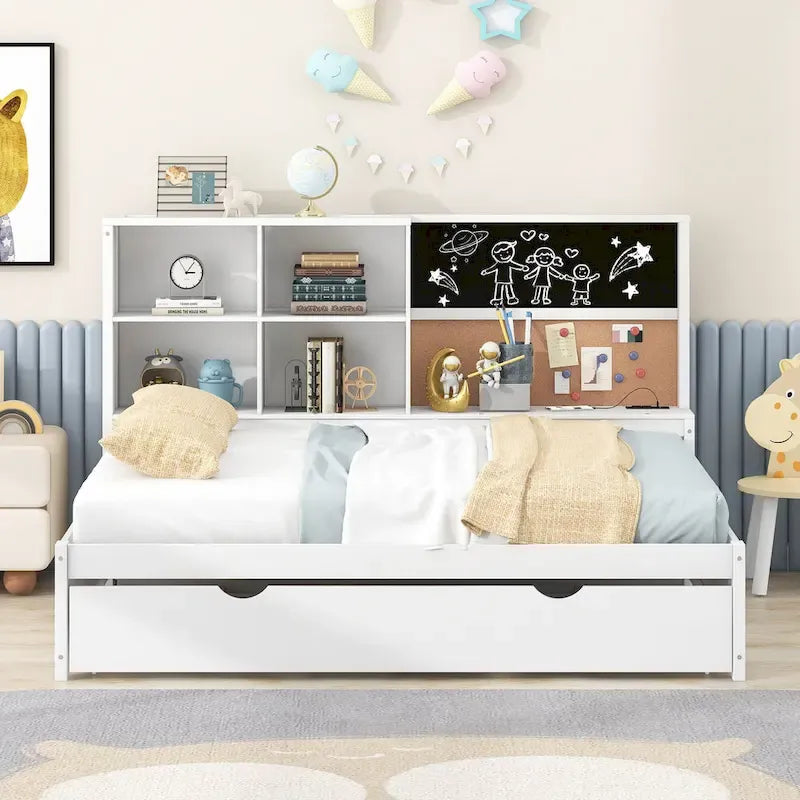 Lit de repos double en pin avec tableau, port USB et lit gigogne