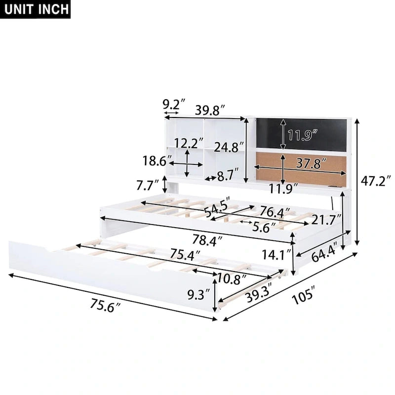 Lit de repos double en pin avec tableau, port USB et lit gigogne