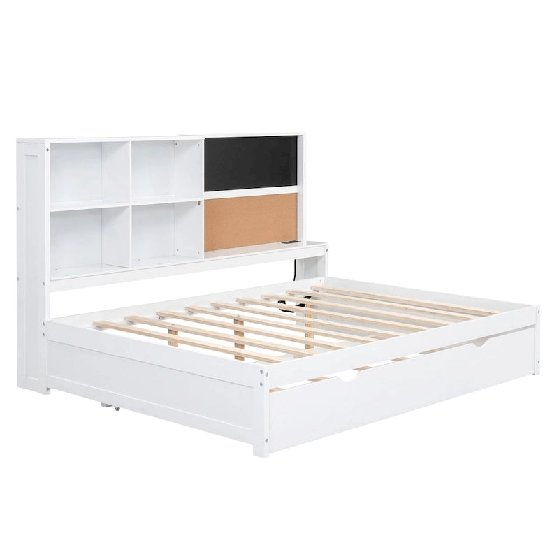 Lit de repos double en pin avec tableau, port USB et lit gigogne