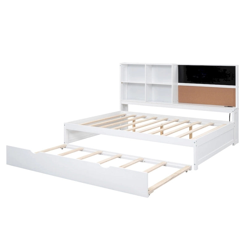 Lit de repos double en pin avec tableau, port USB et lit gigogne