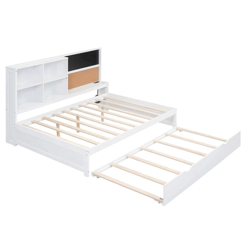 Lit de repos double en pin avec tableau, port USB et lit gigogne