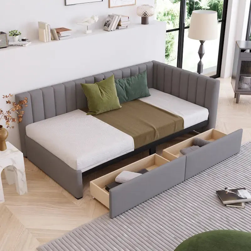 Lit de repos rembourré en lin gris avec 2 tiroirs de rangement, Cadre de lit de jour simple, Aucun sommier tapissier requis