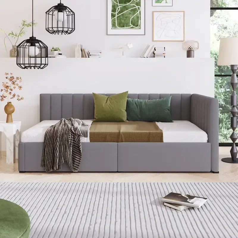 Lit de repos rembourré en lin gris avec 2 tiroirs de rangement, Cadre de lit de jour simple, Aucun sommier tapissier requis