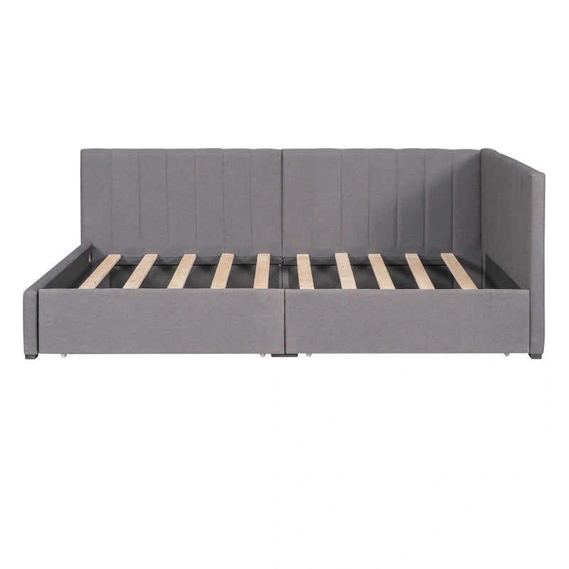 Lit de repos rembourré en lin gris avec 2 tiroirs de rangement, Cadre de lit de jour simple, Aucun sommier tapissier requis