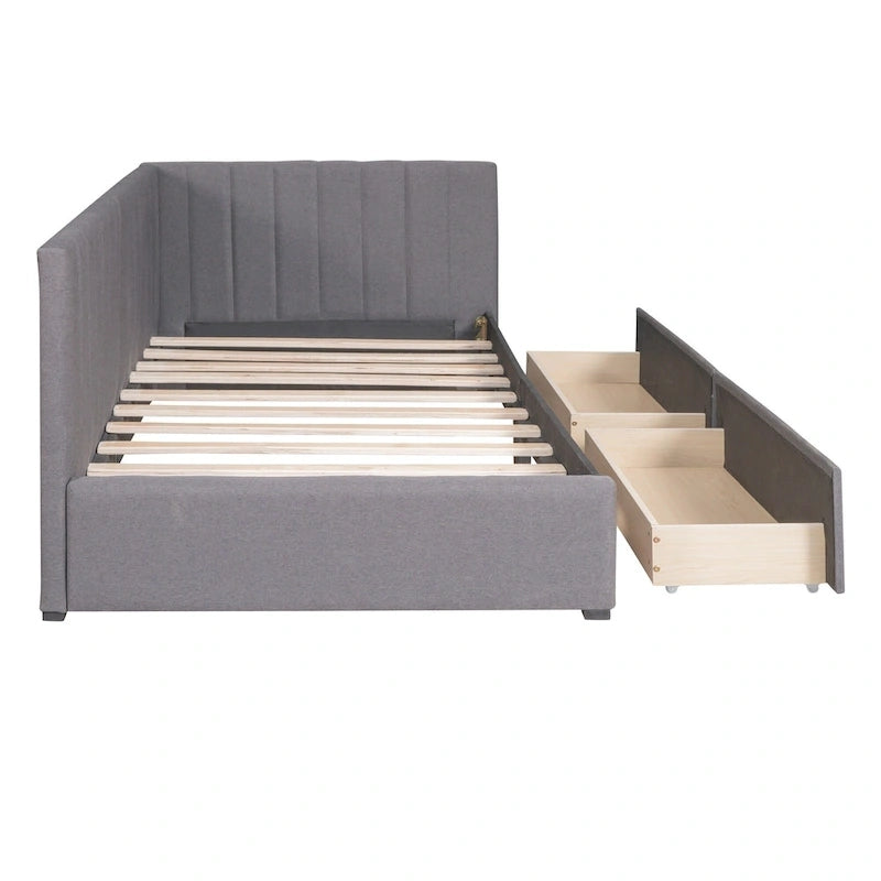 Lit de repos rembourré en lin gris avec 2 tiroirs de rangement, Cadre de lit de jour simple, Aucun sommier tapissier requis