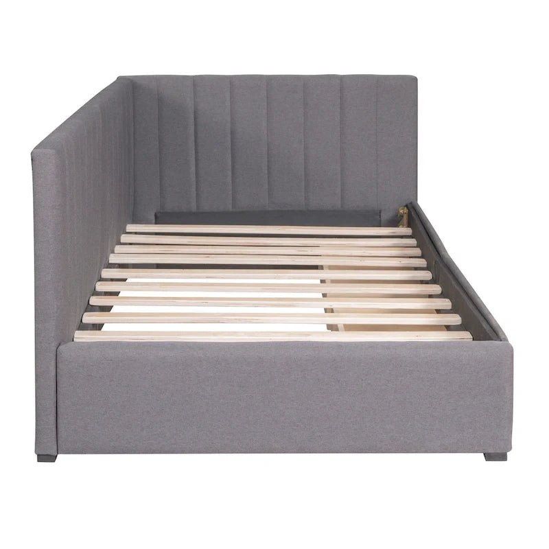 Lit de repos rembourré en lin gris avec 2 tiroirs de rangement, Cadre de lit de jour simple, Aucun sommier tapissier requis