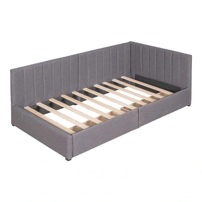Lit de repos rembourré en lin gris avec 2 tiroirs de rangement, Cadre de lit de jour simple, Aucun sommier tapissier requis