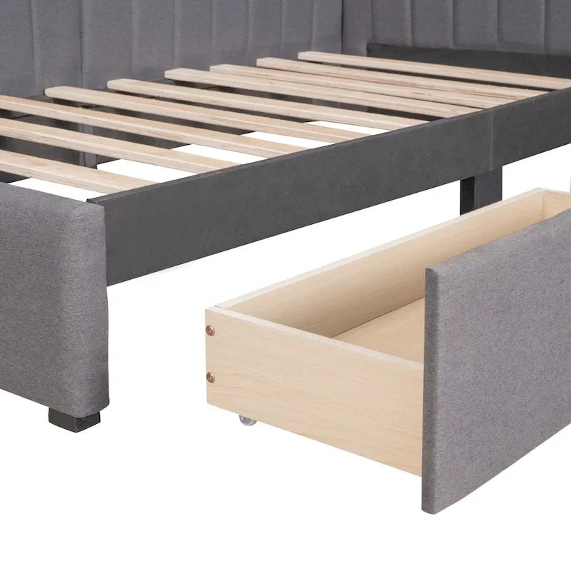 Lit de repos rembourré en lin gris avec 2 tiroirs de rangement, Cadre de lit de jour simple, Aucun sommier tapissier requis