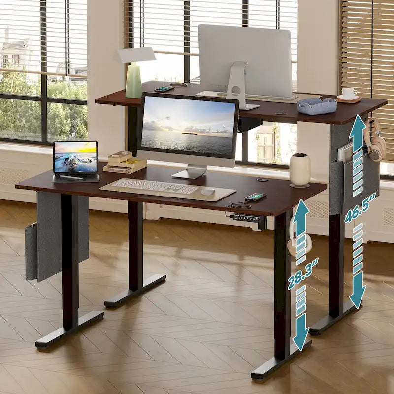 Bureau debout électrique réglable en hauteur – Noyer / Chêne blanc, Monomoteur, 1 personne