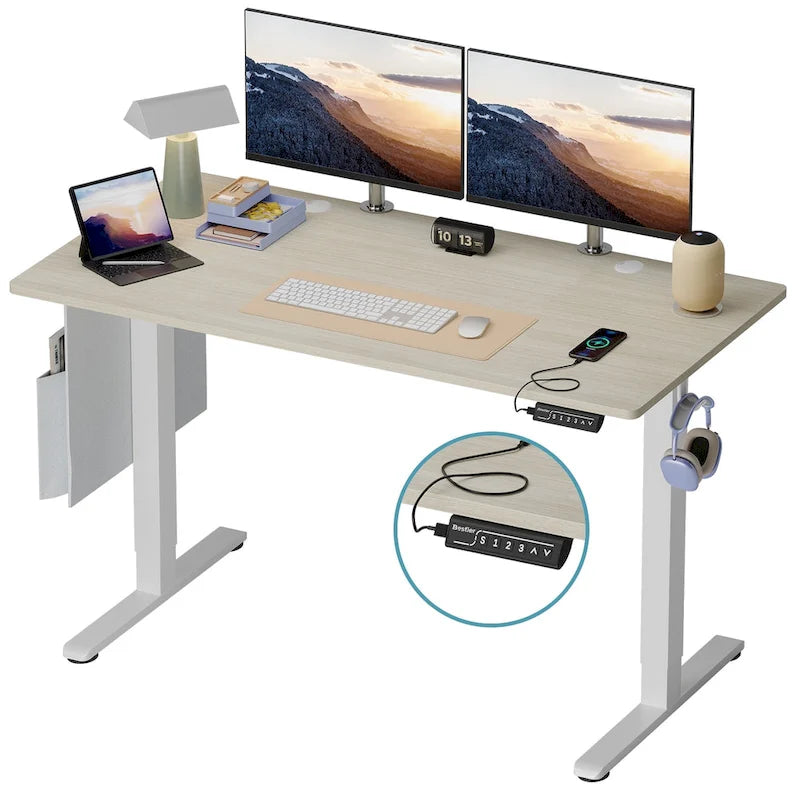Bureau debout électrique réglable en hauteur – Noyer / Chêne blanc, Monomoteur, 1 personne