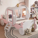 Lit de princesse carrosse double avec couronne, lit de voiture plateforme en bois avec escalier, blanc+rose