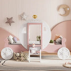 Lit de princesse carrosse double avec couronne, lit de voiture plateforme en bois avec escalier, blanc+rose
