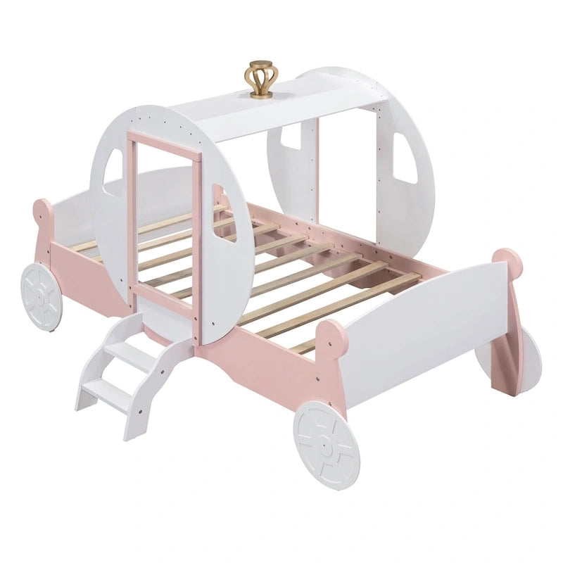 Lit de princesse carrosse double avec couronne, lit de voiture plateforme en bois avec escalier, blanc+rose
