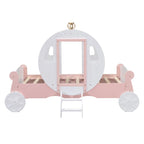 Lit de princesse carrosse double avec couronne, lit de voiture plateforme en bois avec escalier, blanc+rose