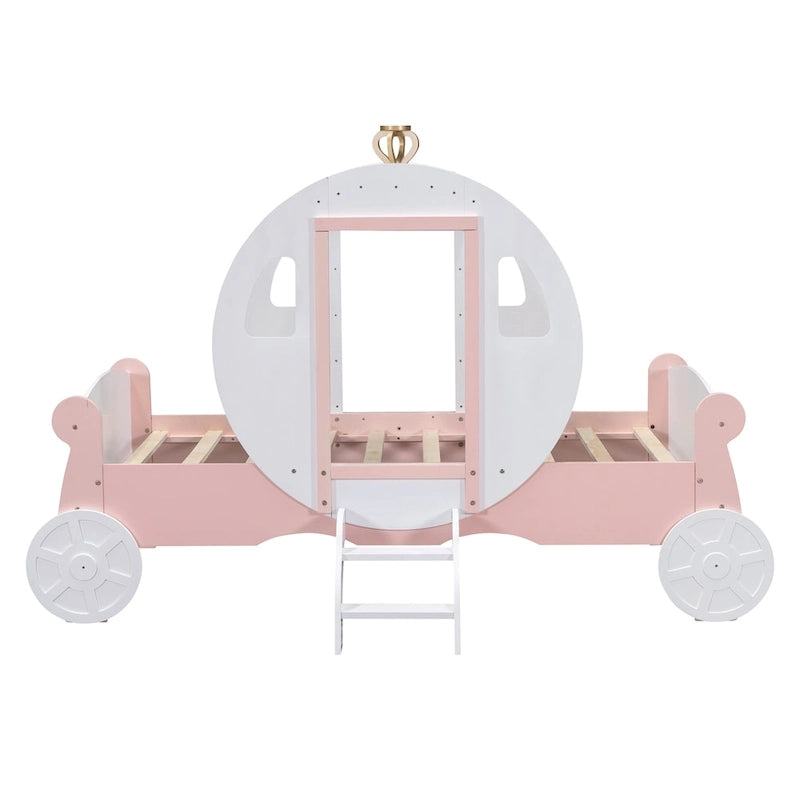 Lit de princesse carrosse double avec couronne, lit de voiture plateforme en bois avec escalier, blanc+rose