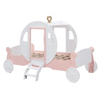 Lit de princesse carrosse double avec couronne, lit de voiture plateforme en bois avec escalier, blanc+rose