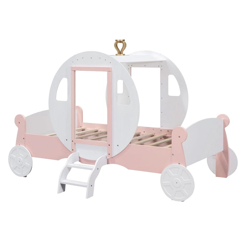 Lit de princesse carrosse double avec couronne, lit de voiture plateforme en bois avec escalier, blanc+rose