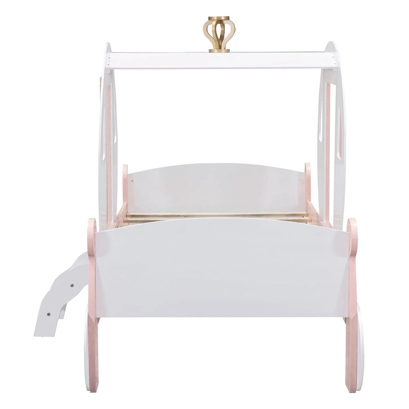 Lit de princesse carrosse double avec couronne, lit de voiture plateforme en bois avec escalier, blanc+rose
