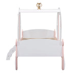Lit de princesse carrosse double avec couronne, lit de voiture plateforme en bois avec escalier, blanc+rose