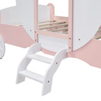Lit de princesse carrosse double avec couronne, lit de voiture plateforme en bois avec escalier, blanc+rose