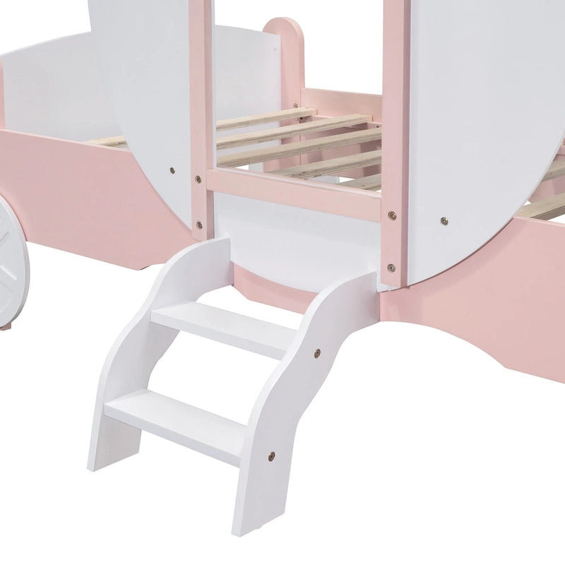 Lit de princesse carrosse double avec couronne, lit de voiture plateforme en bois avec escalier, blanc+rose
