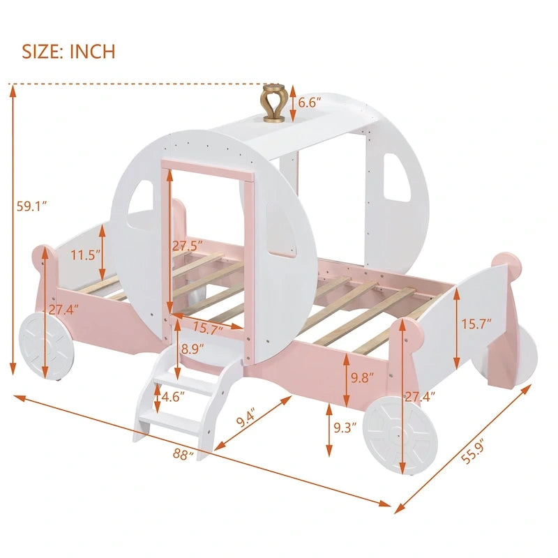Lit de princesse carrosse double avec couronne, lit de voiture plateforme en bois avec escalier, blanc+rose