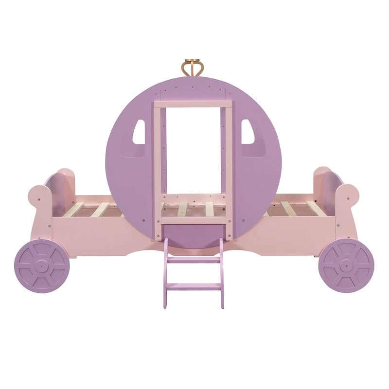 Lit de princesse carrosse double avec couronne, lit de voiture plateforme en bois avec escalier, blanc+rose