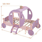 Lit de princesse carrosse double avec couronne, lit de voiture plateforme en bois avec escalier, blanc+rose