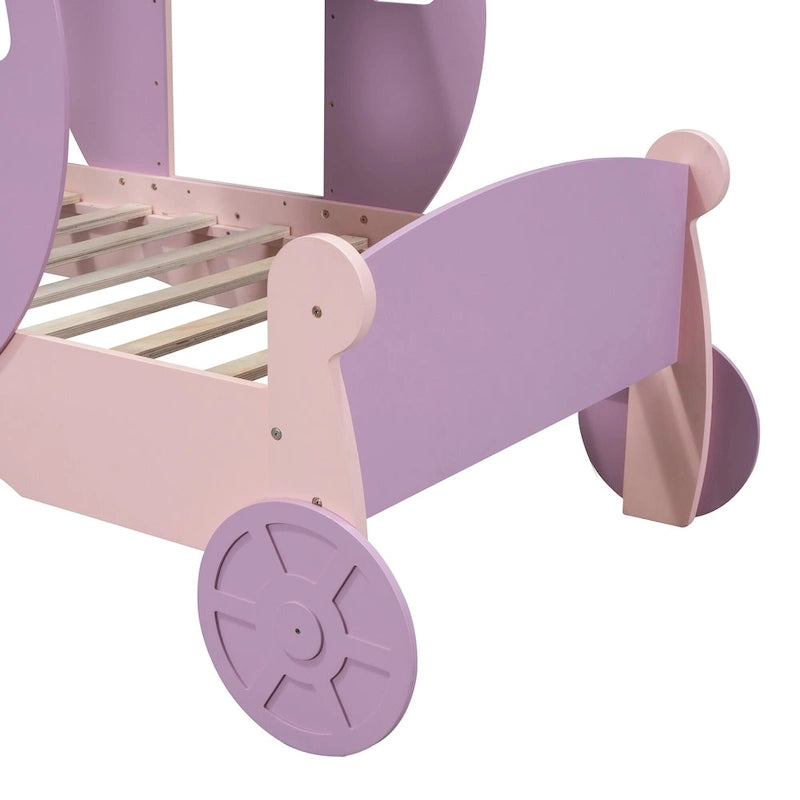 Lit de princesse carrosse double avec couronne, lit de voiture plateforme en bois avec escalier, blanc+rose