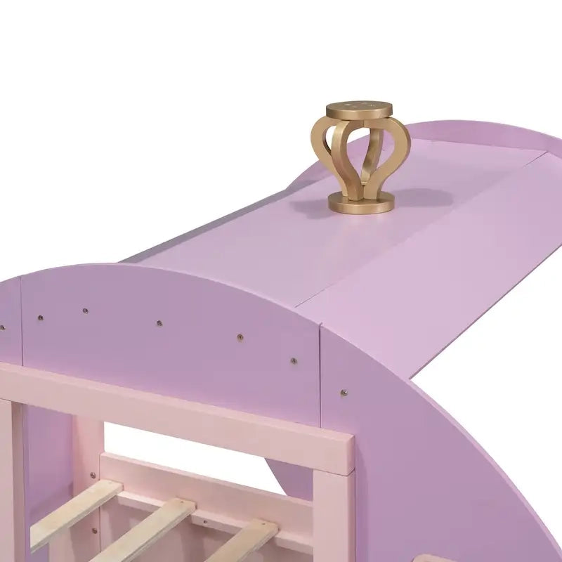 Lit de princesse carrosse double avec couronne, lit de voiture plateforme en bois avec escalier, blanc+rose