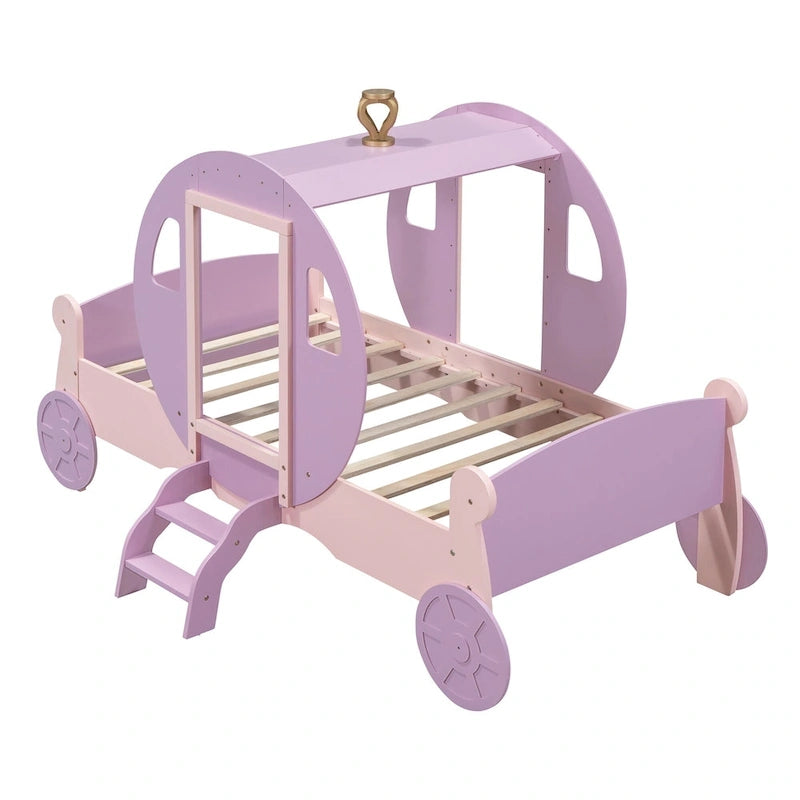 Lit de princesse carrosse double avec couronne, lit de voiture plateforme en bois avec escalier, blanc+rose
