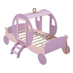 Lit de princesse carrosse double avec couronne, lit de voiture plateforme en bois avec escalier, blanc+rose