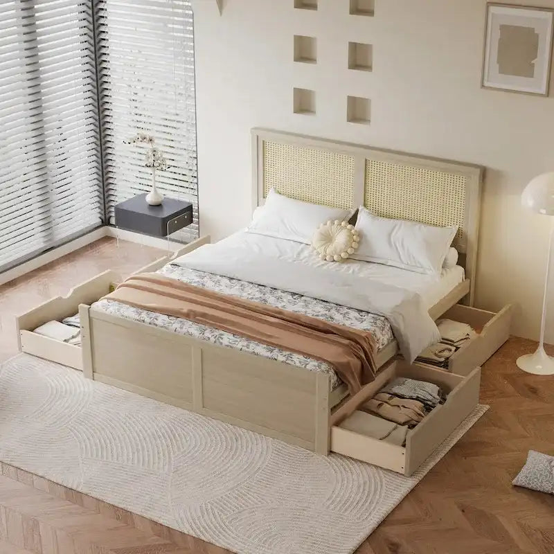 Lit plateforme de rangement Harper&Bright Designs avec tête de lit en rotin et 4 tiroirs