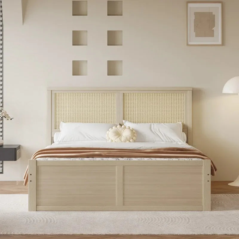 Lit plateforme de rangement Harper&Bright Designs avec tête de lit en rotin et 4 tiroirs