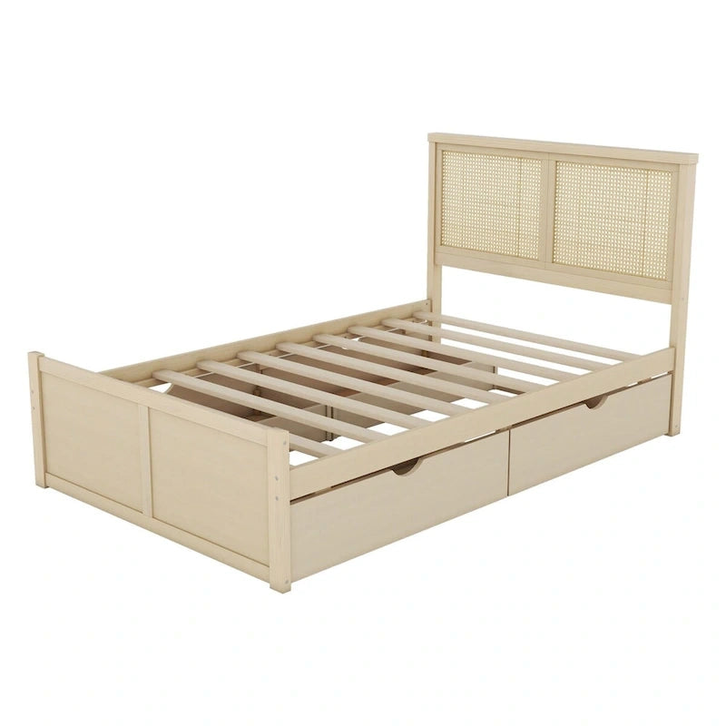 Lit plateforme de rangement Harper&Bright Designs avec tête de lit en rotin et 4 tiroirs