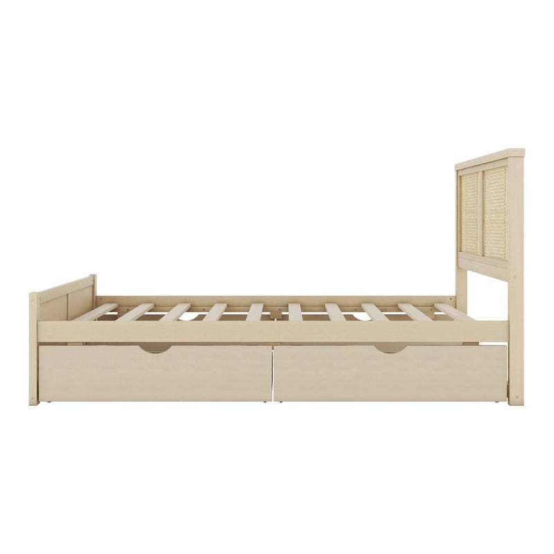 Lit plateforme de rangement Harper&Bright Designs avec tête de lit en rotin et 4 tiroirs