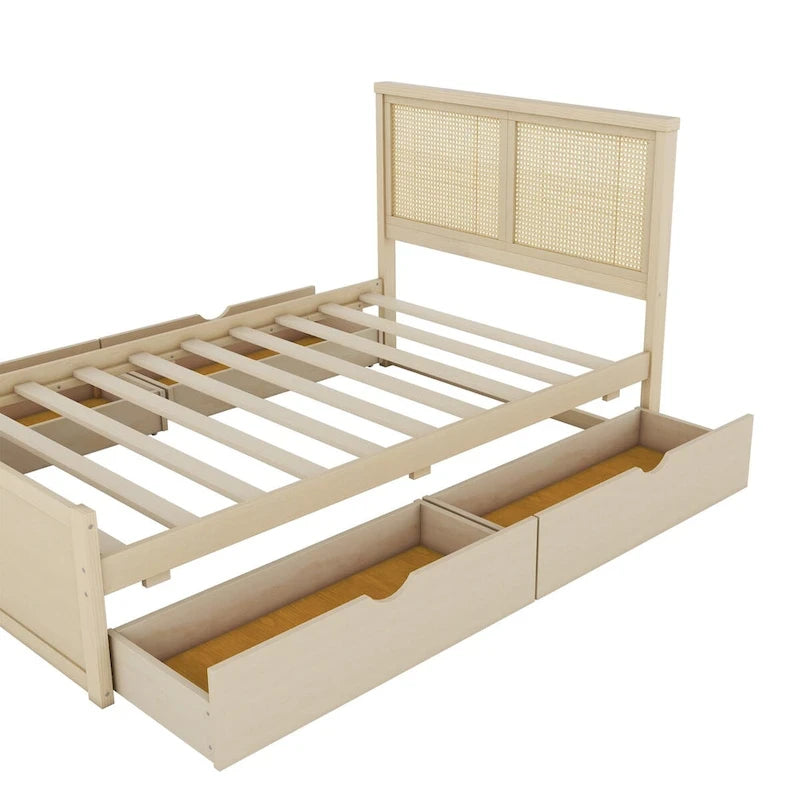 Lit plateforme de rangement Harper&Bright Designs avec tête de lit en rotin et 4 tiroirs