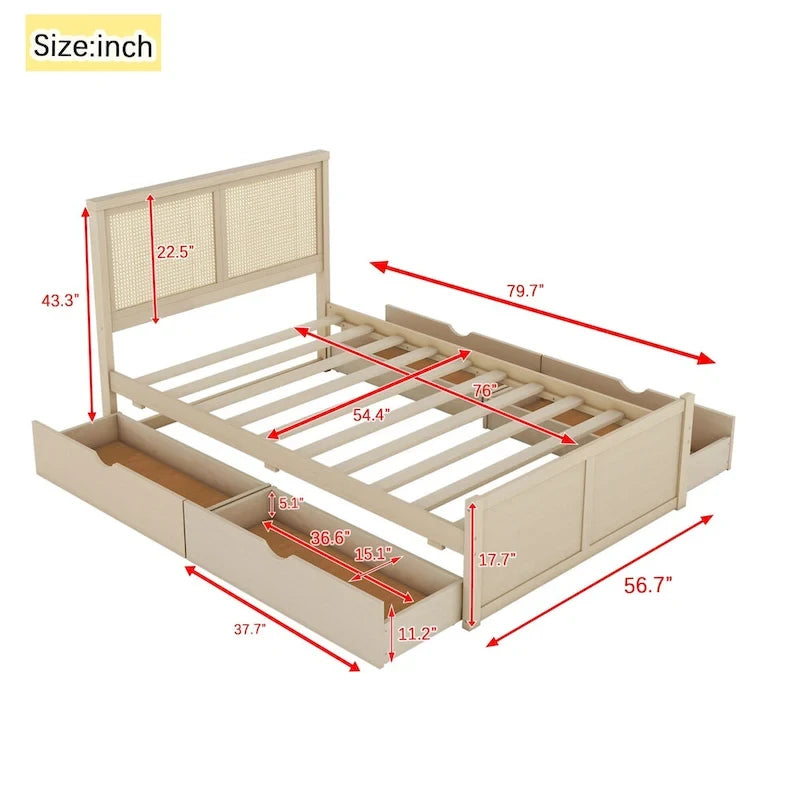 Lit plateforme de rangement Harper&Bright Designs avec tête de lit en rotin et 4 tiroirs