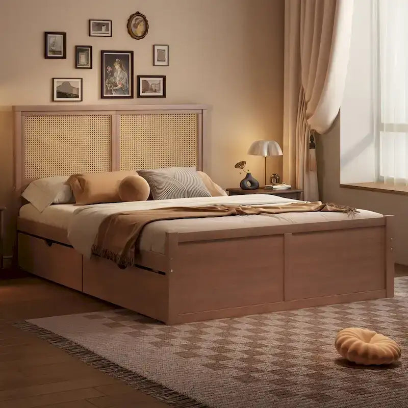 Lit plateforme de rangement Harper&Bright Designs avec tête de lit en rotin et 4 tiroirs