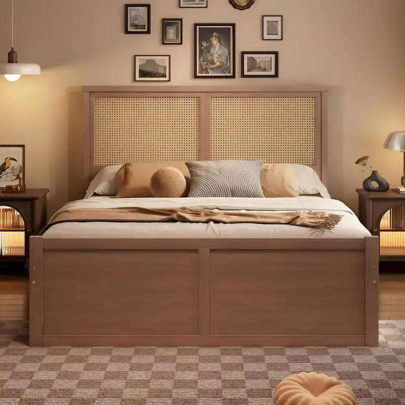 Lit plateforme de rangement Harper&Bright Designs avec tête de lit en rotin et 4 tiroirs