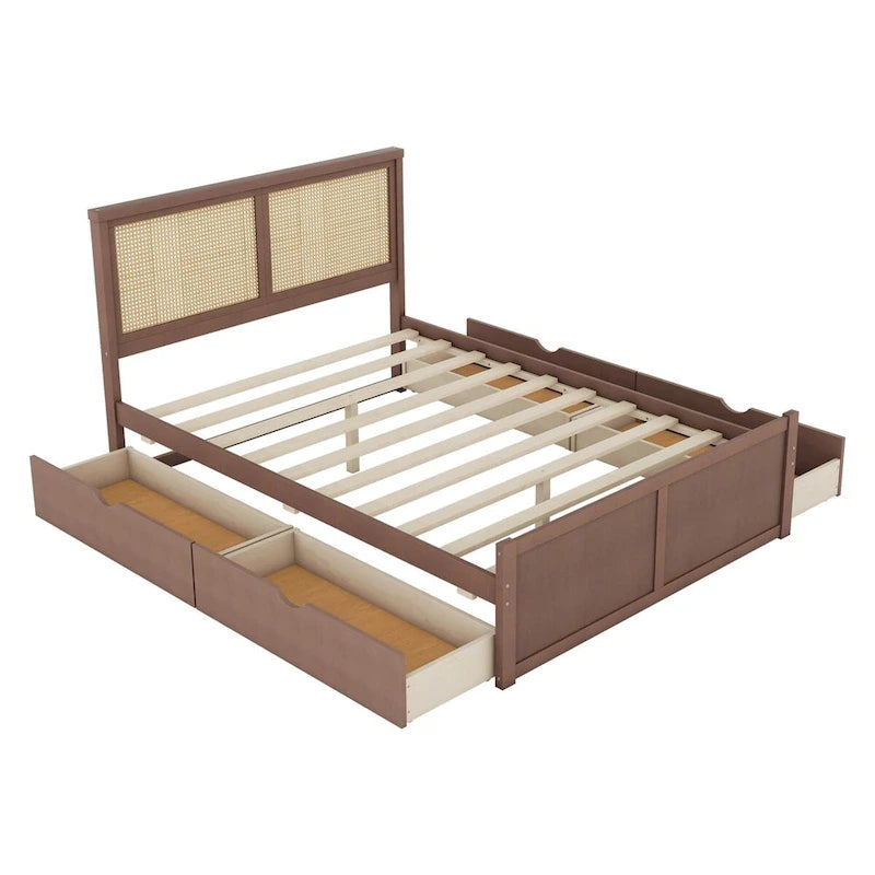 Lit plateforme de rangement Harper&Bright Designs avec tête de lit en rotin et 4 tiroirs