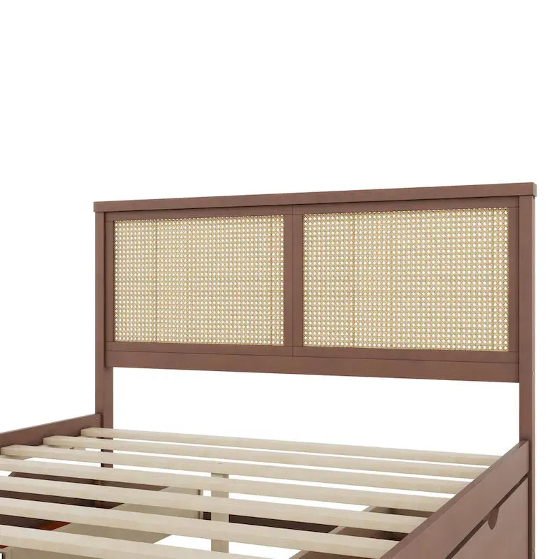 Lit plateforme de rangement Harper&Bright Designs avec tête de lit en rotin et 4 tiroirs