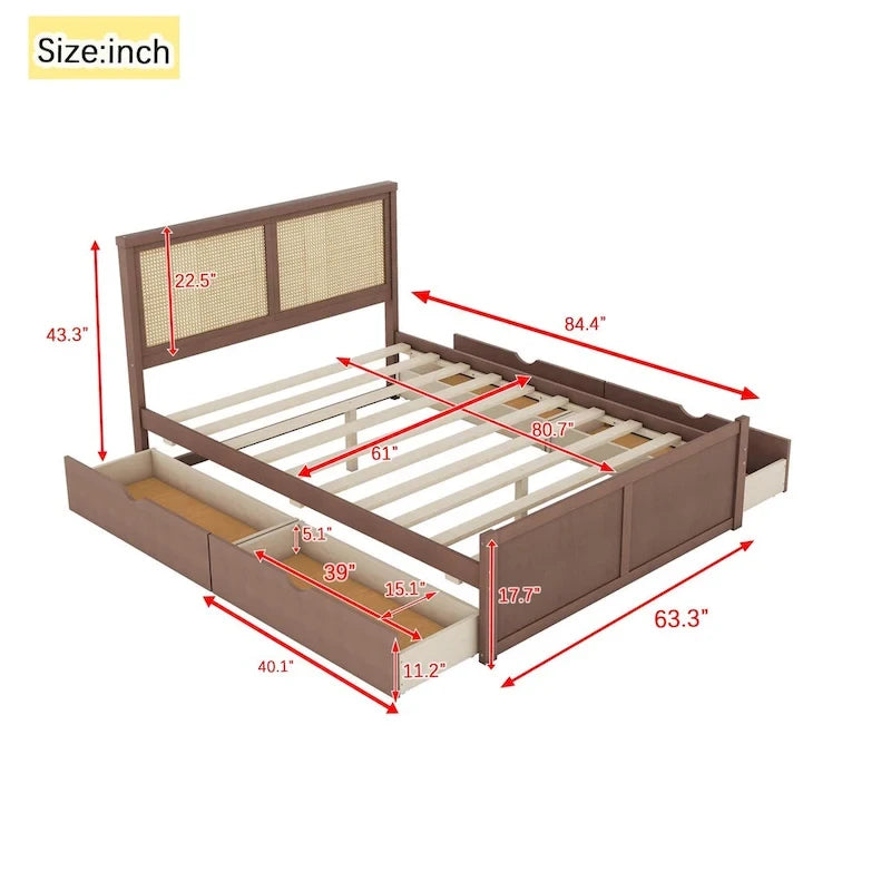 Lit plateforme de rangement Harper&Bright Designs avec tête de lit en rotin et 4 tiroirs