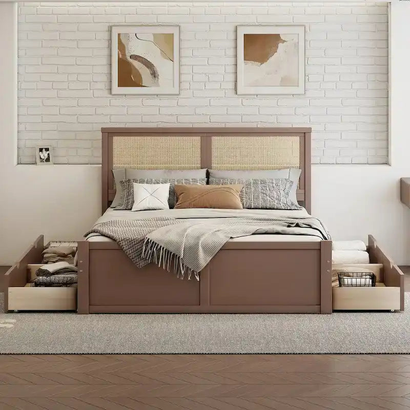 Lit plateforme de rangement Harper&Bright Designs avec tête de lit en rotin et 4 tiroirs