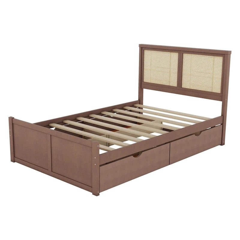Lit plateforme de rangement Harper&Bright Designs avec tête de lit en rotin et 4 tiroirs