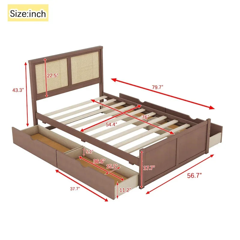 Lit plateforme de rangement Harper&Bright Designs avec tête de lit en rotin et 4 tiroirs