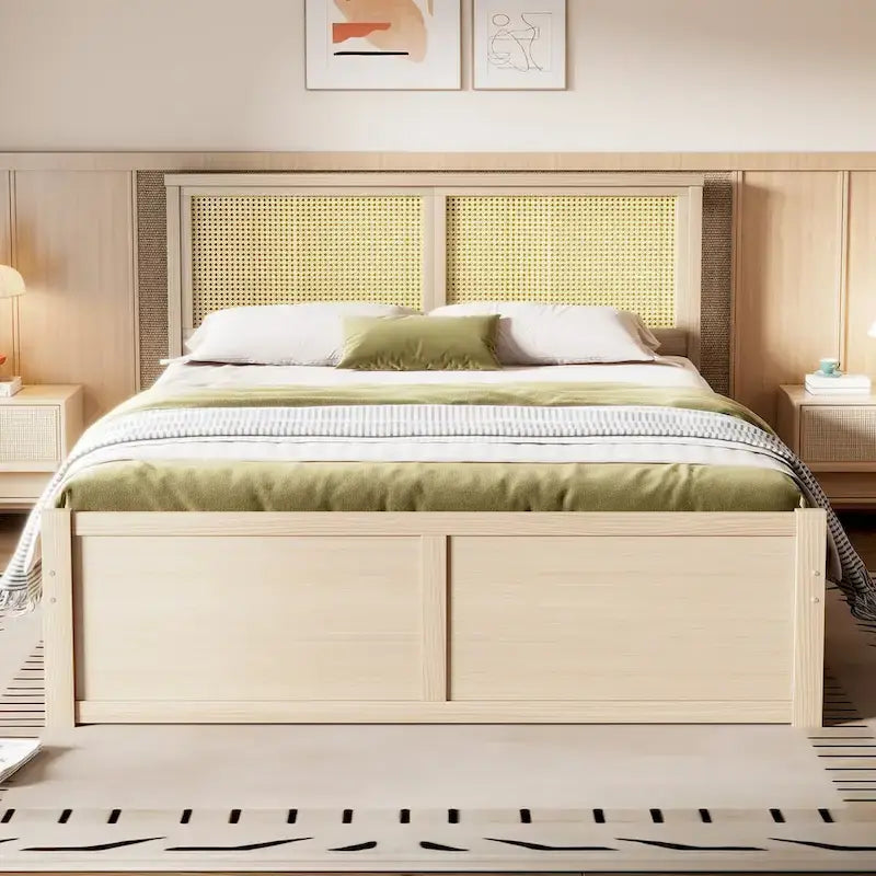 Lit plateforme de rangement Harper&Bright Designs avec tête de lit en rotin et 4 tiroirs