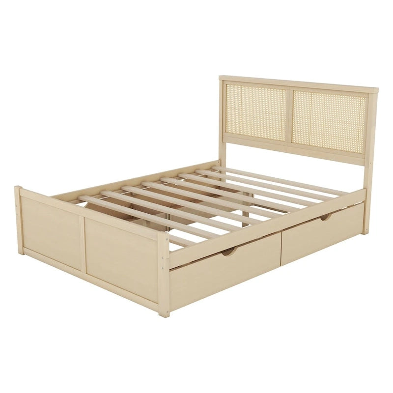Lit plateforme de rangement Harper&Bright Designs avec tête de lit en rotin et 4 tiroirs