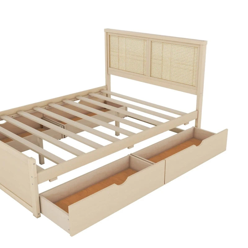 Lit plateforme de rangement Harper&Bright Designs avec tête de lit en rotin et 4 tiroirs