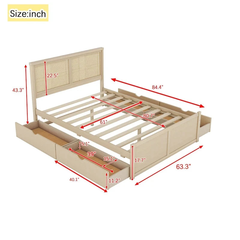 Lit plateforme de rangement Harper&Bright Designs avec tête de lit en rotin et 4 tiroirs